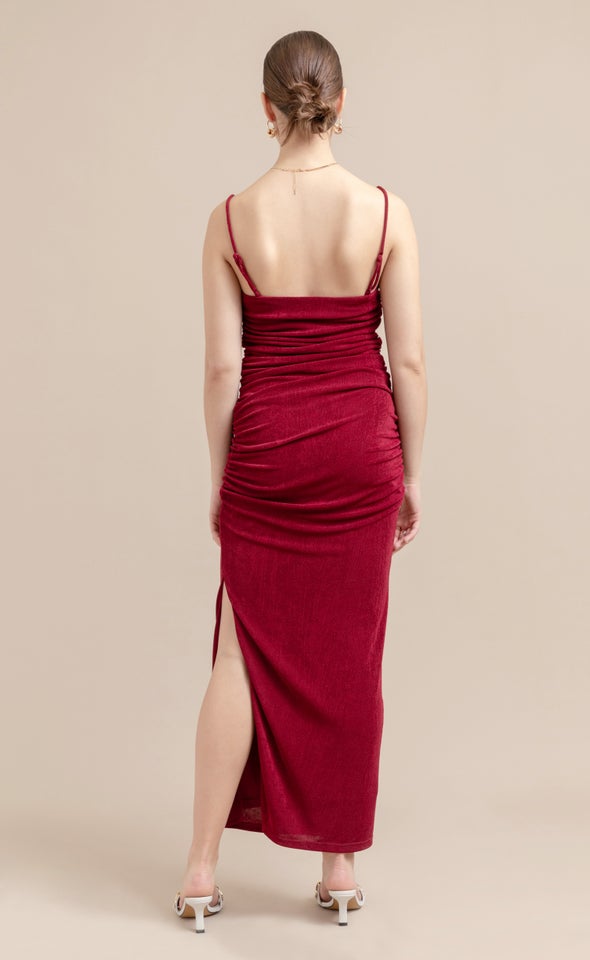 Metallic Jersey Ruched Slip Gown Merlot