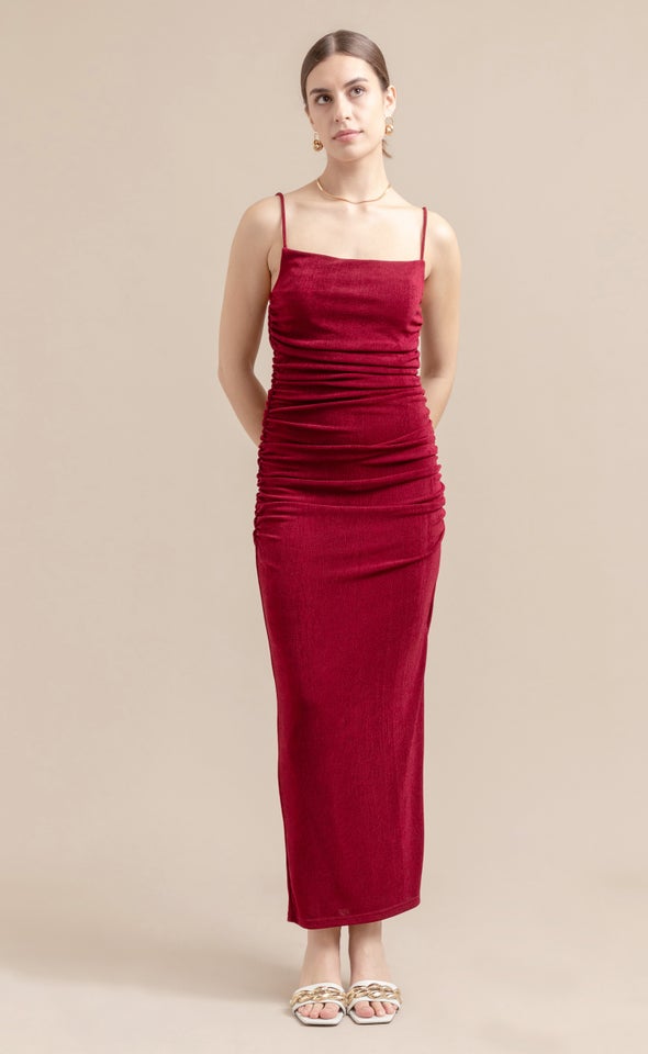 Metallic Jersey Ruched Slip Gown Merlot