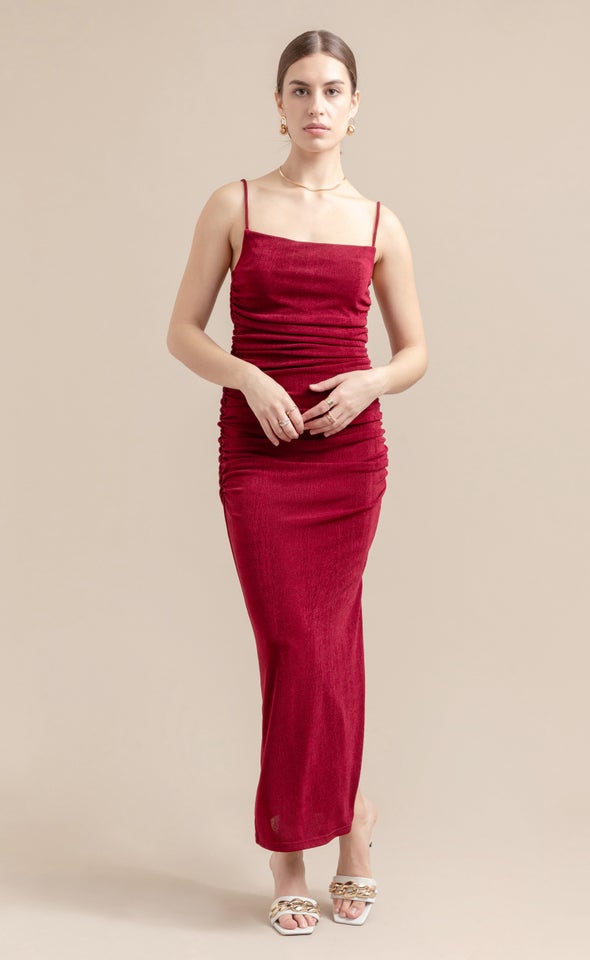 Metallic Jersey Ruched Slip Gown Merlot