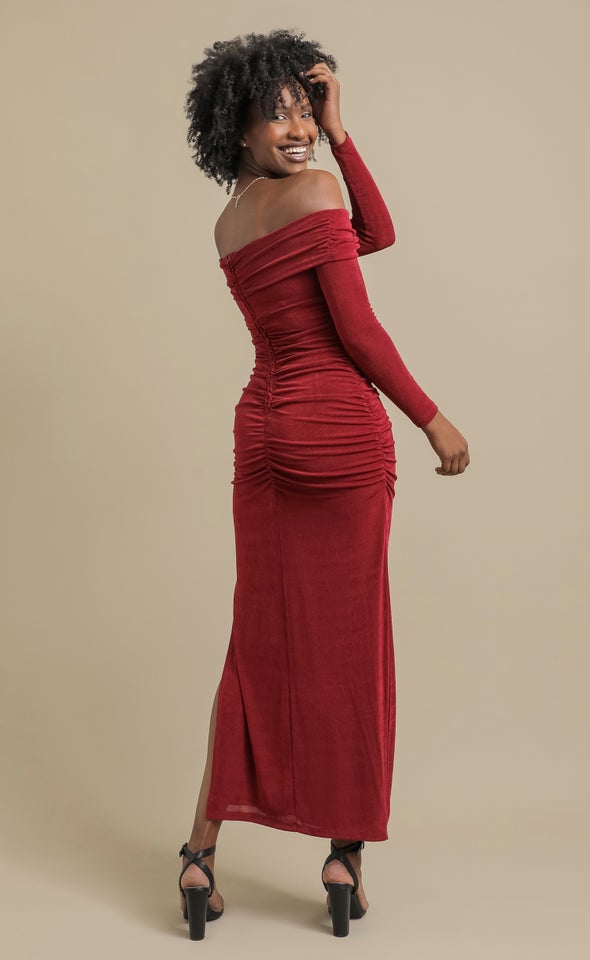 Metallic Jersey Sleeve Gown Merlot
