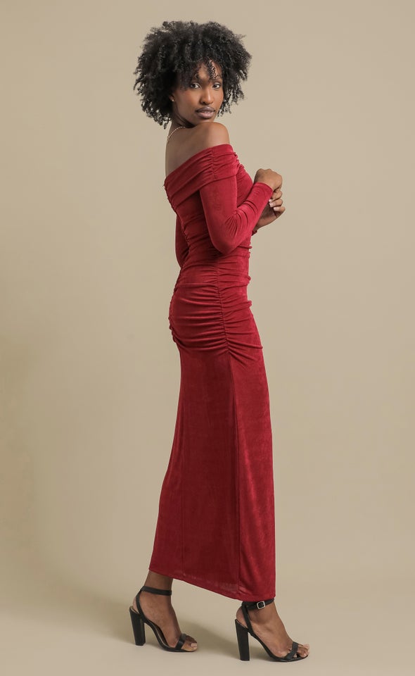 Metallic Jersey Sleeve Gown Merlot