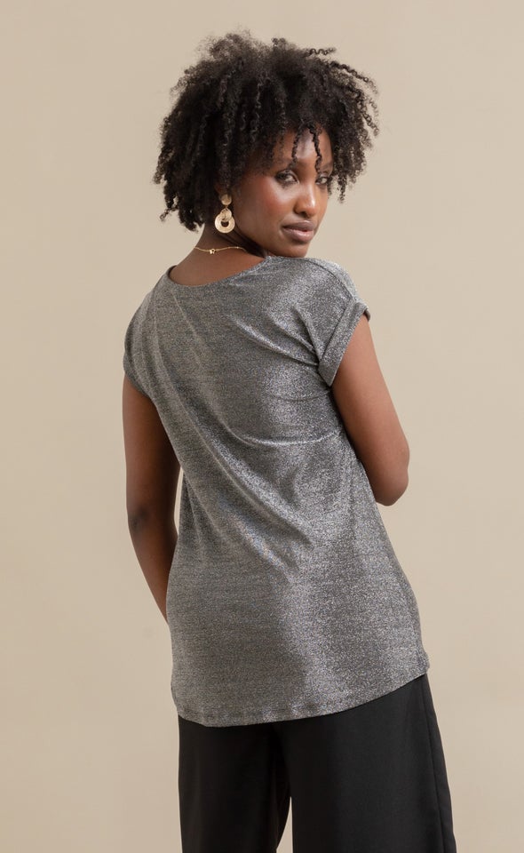 Metallic Jsy Roll Slv Top Black/silver