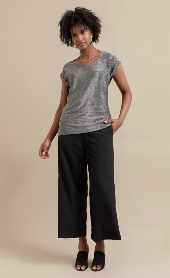 Metallic Jsy Roll Slv Top Black/silver