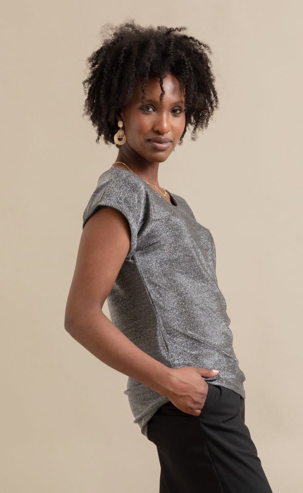 Metallic Jsy Roll Slv Top Black/silver