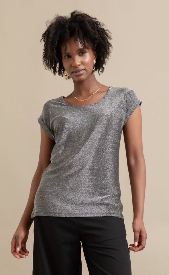 Metallic Jsy Roll Slv Top Black/silver