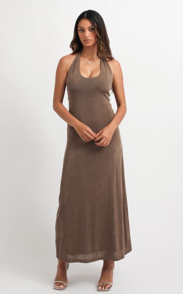 Shop our Metallic Knit Twist Halter Maxi in Coffee | Pagani Shop our Metallic Knit Twist Halter Maxi in Coffee | Pagani