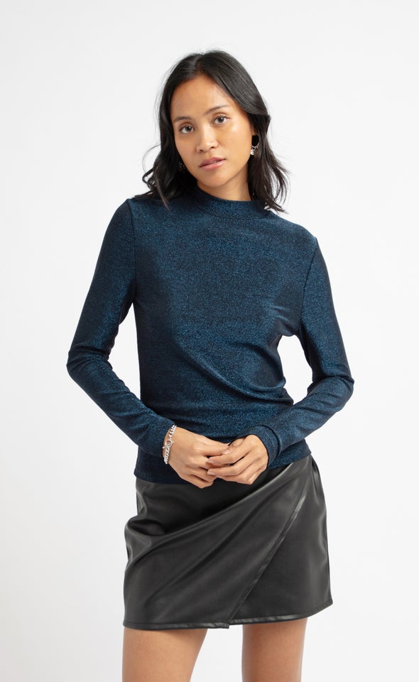Metallic LS Knit Top Navy