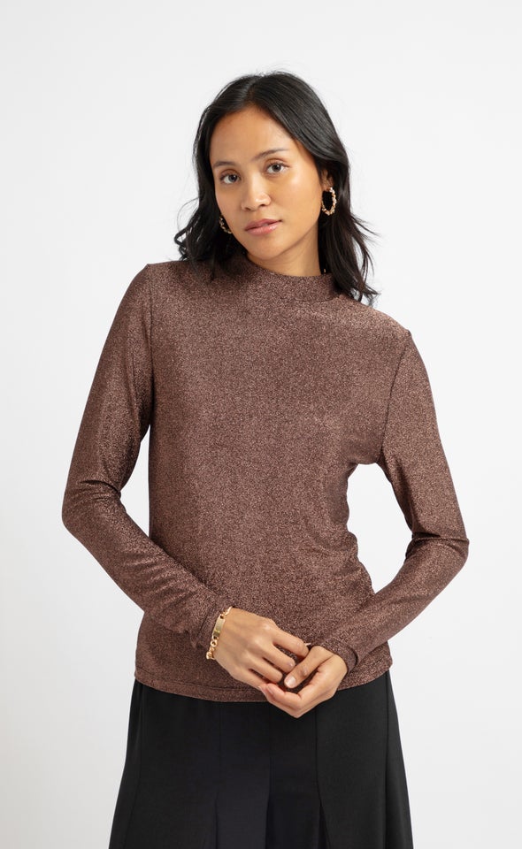 Metallic LS Knit Top Rose Gold