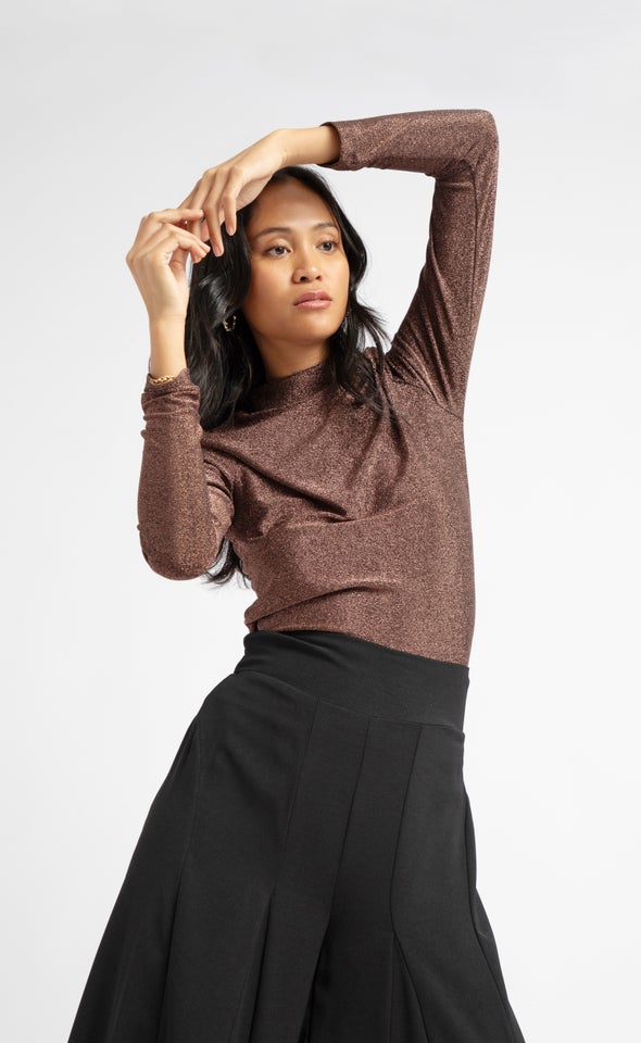 Metallic LS Knit Top Rose Gold