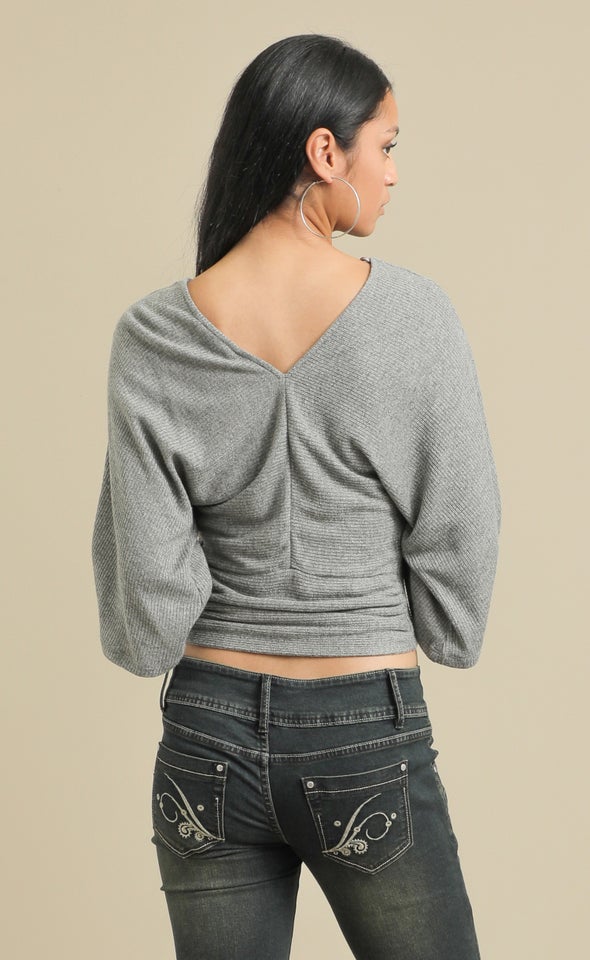 Metallic Rib Batwing Top Charcoal