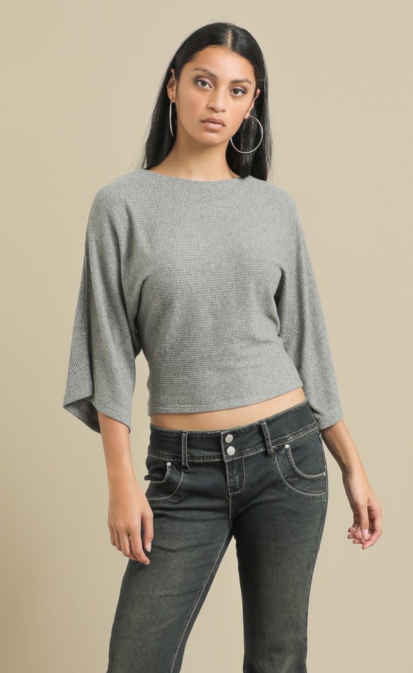 Metallic Rib Batwing Top Charcoal