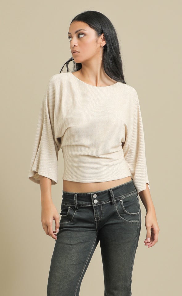 Metallic Rib Batwing Top Natural
