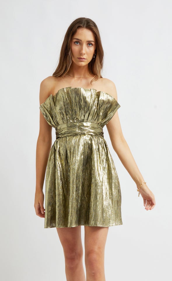 Metallic Ruffle Strapless Dress Gold