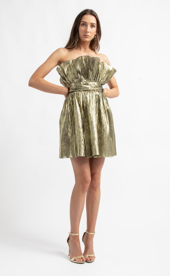 Metallic Ruffle Strapless Dress Gold
