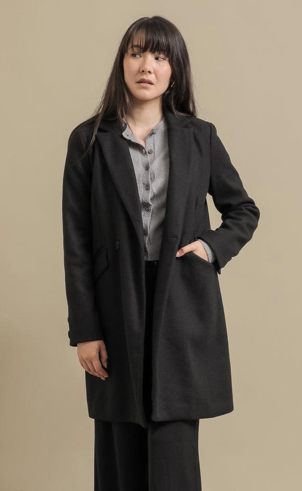 Mid Length Buttoned Coat Black