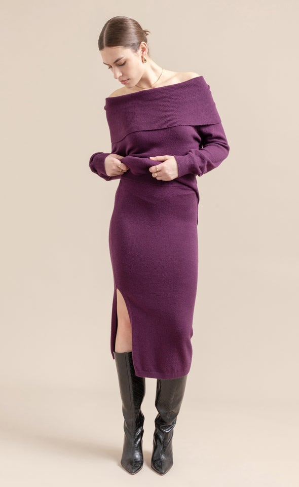 Midi Skirt with Split Aubergine