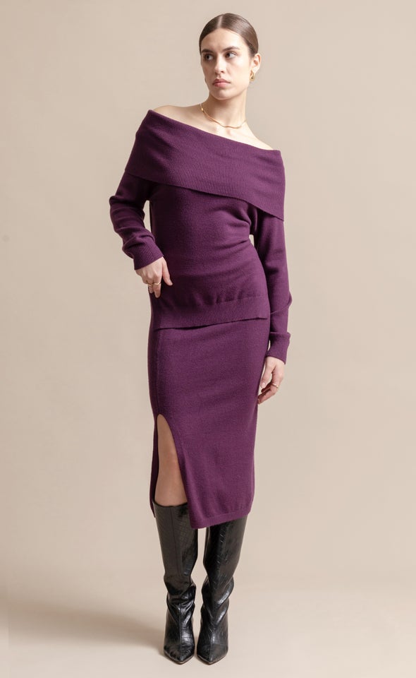Midi Skirt with Split Aubergine