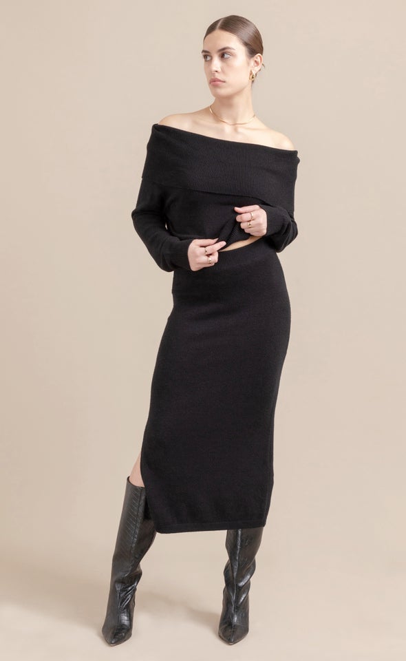 Midi Skirt with Split Black