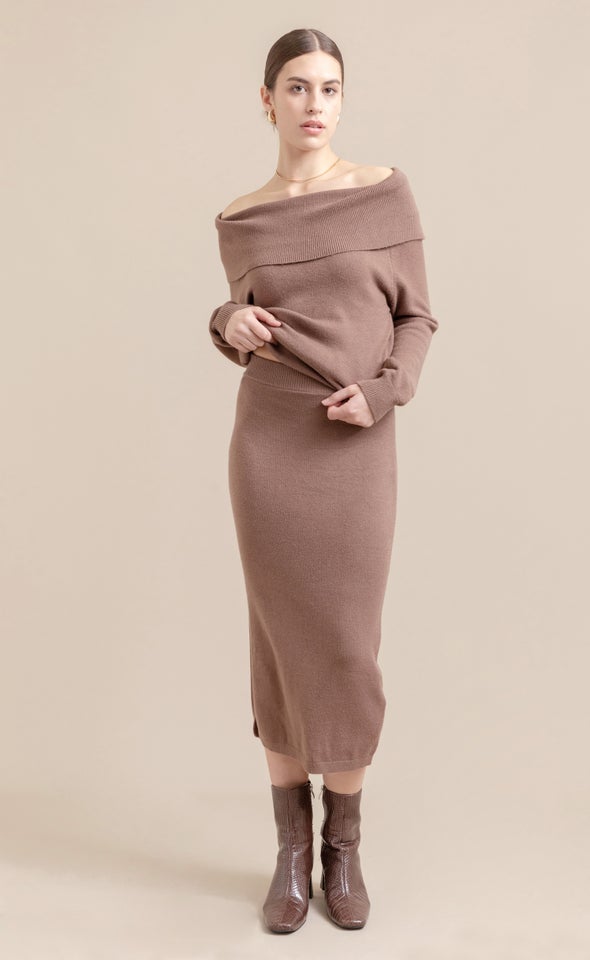 Midi Skirt with Split Chocolate