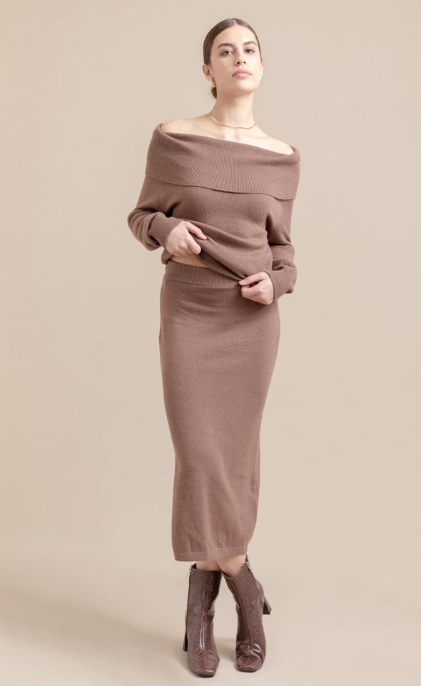 Midi Skirt with Split Chocolate