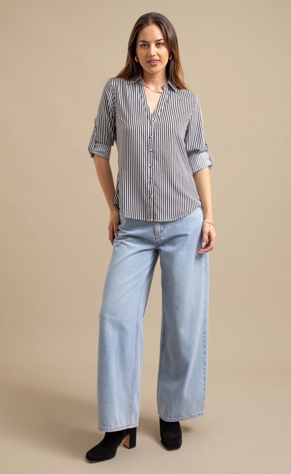 New Striped Roll Sleeve Shirt White/black
