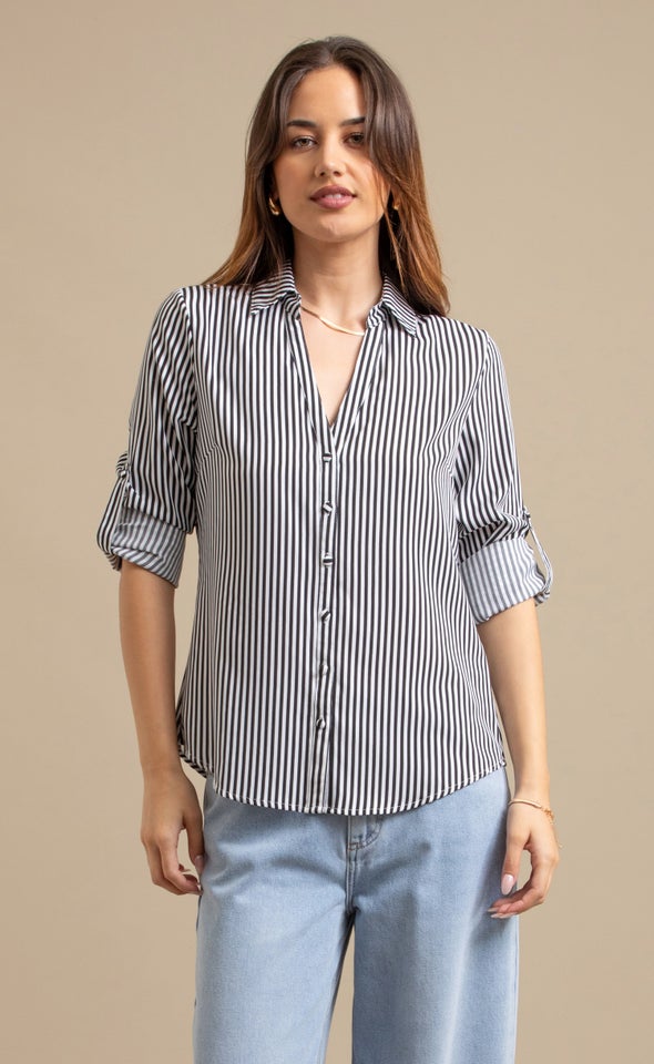 New Striped Roll Sleeve Shirt White/black