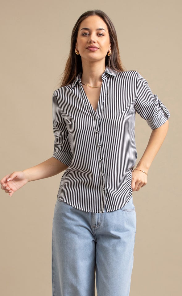 New Striped Roll Sleeve Shirt White/black