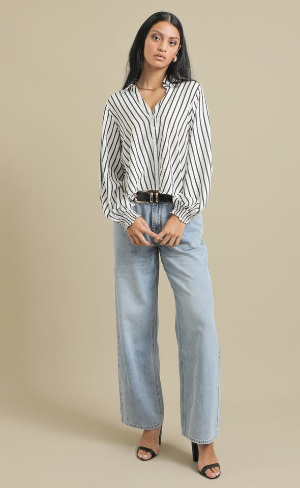 New Striped Shirred Cuff Shirt White/black