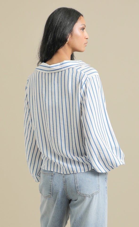New Striped Shirred Cuff Shirt White/blue