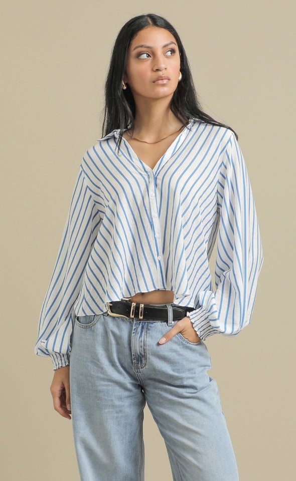 New Striped Shirred Cuff Shirt White/blue