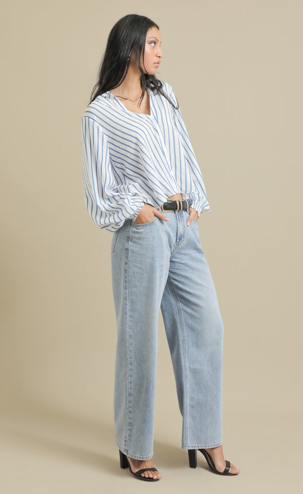 New Striped Shirred Cuff Shirt White/blue