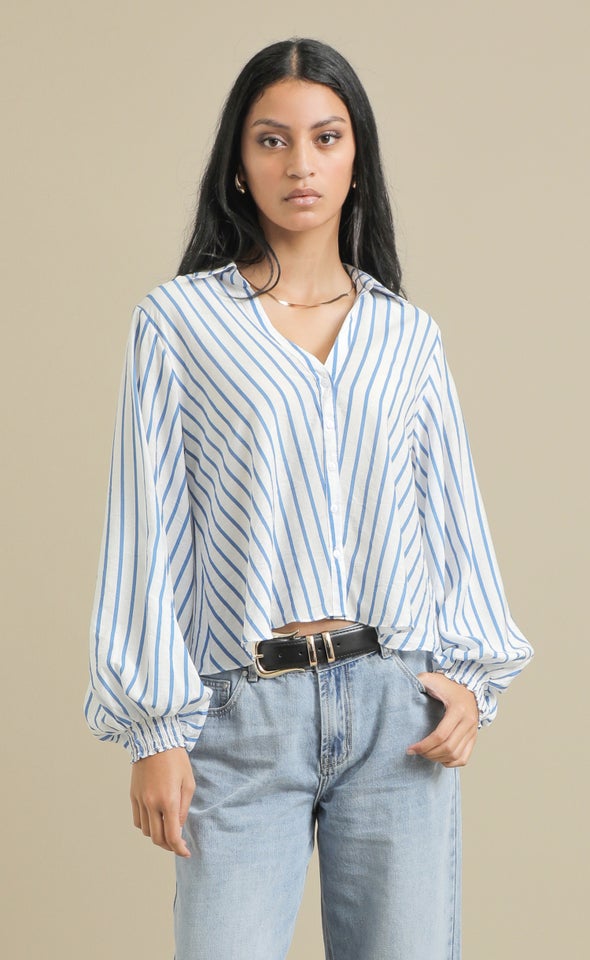 New Striped Shirred Cuff Shirt White/blue