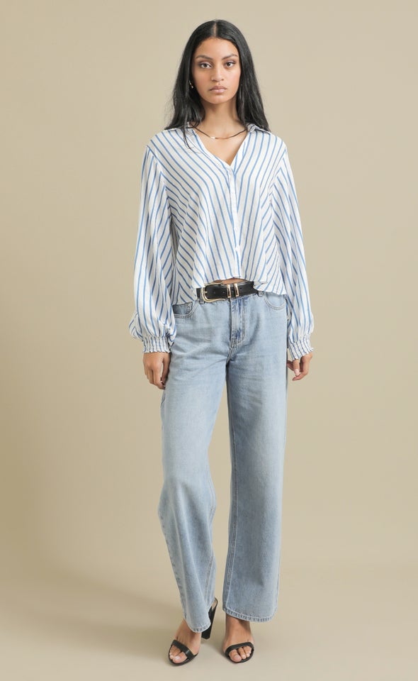 New Striped Shirred Cuff Shirt White/blue