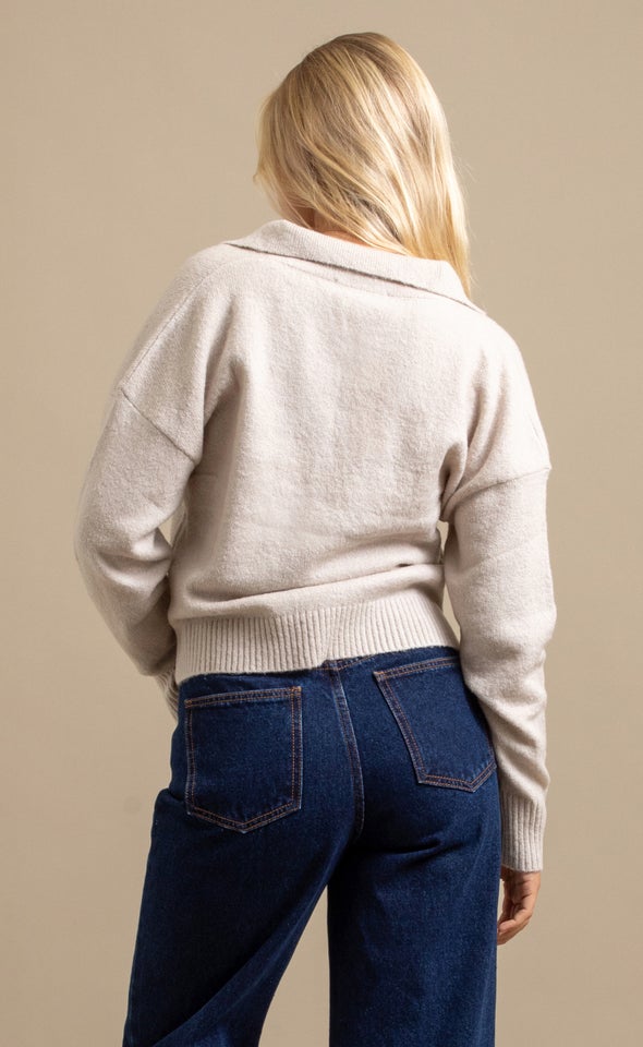 Open Collar Marled Sweater Natural