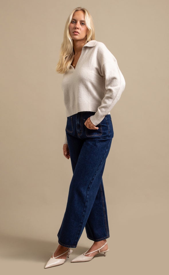 Open Collar Marled Sweater Natural