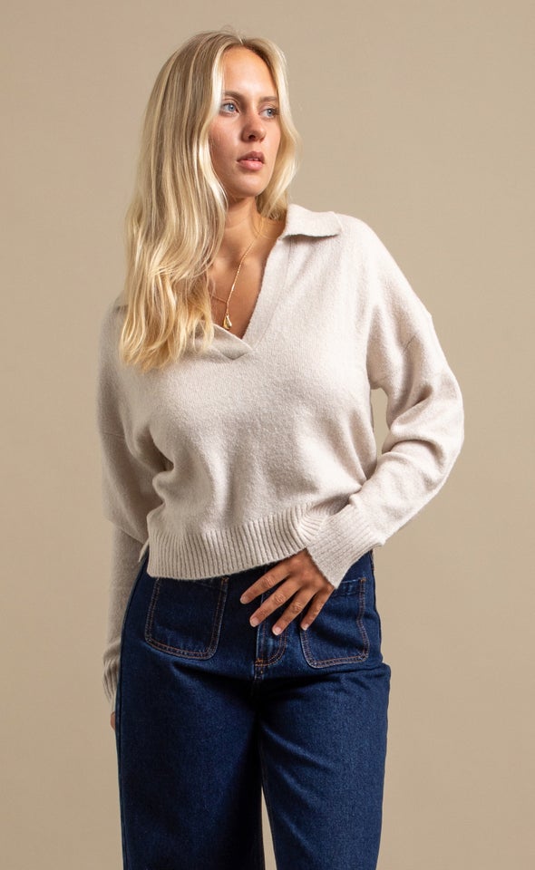 Open Collar Marled Sweater Natural