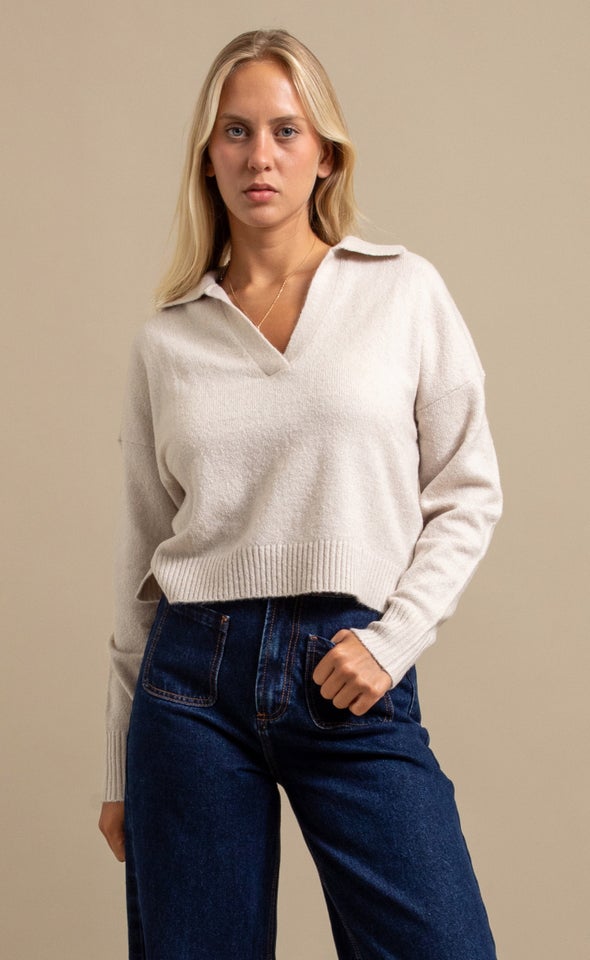 Open Collar Marled Sweater Natural