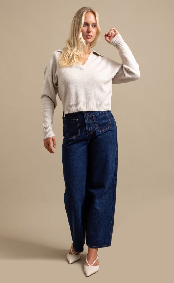 Open Collar Marled Sweater Natural