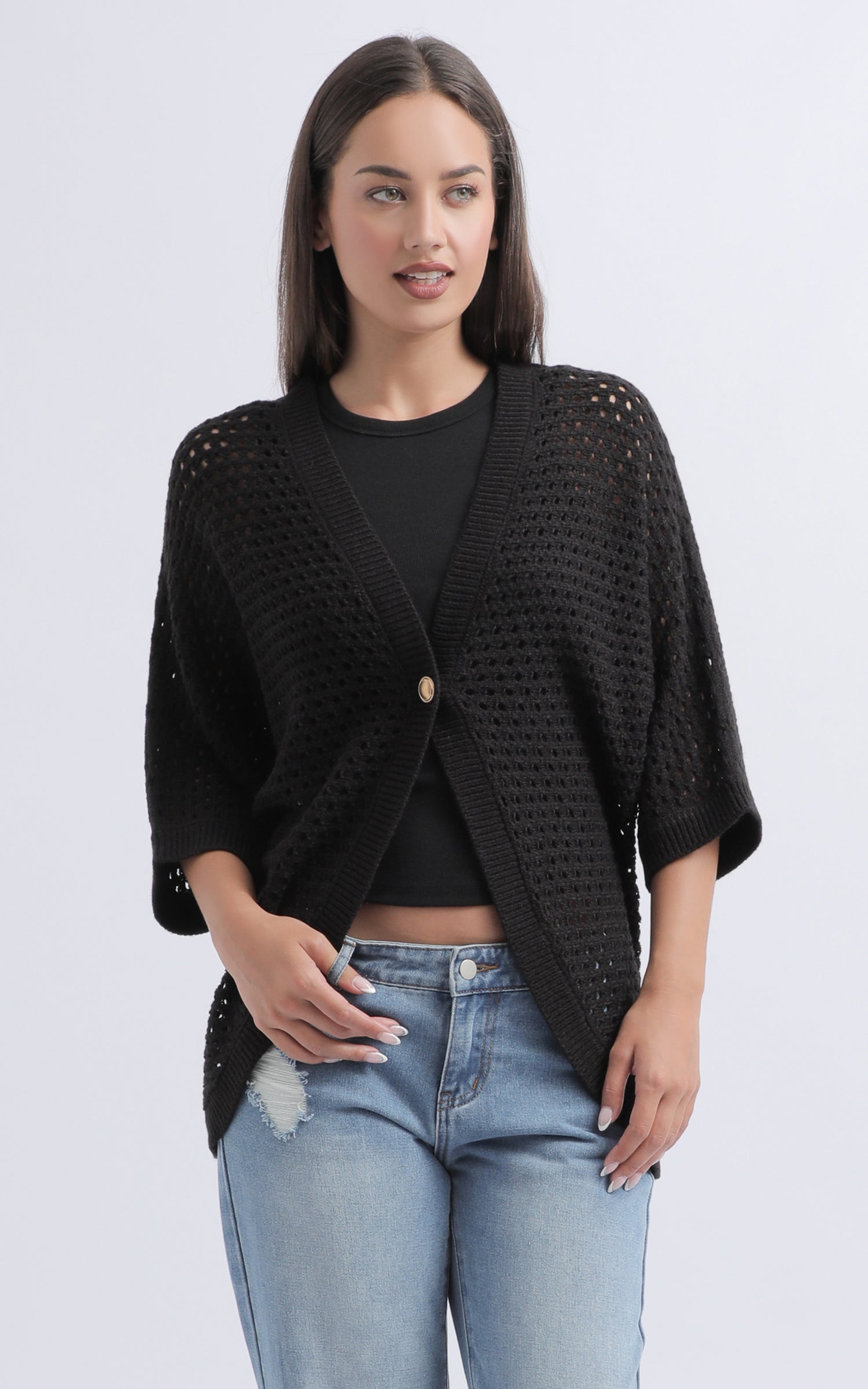 Shop our Open Knit Curved Hem Cardi in Black | Pagani