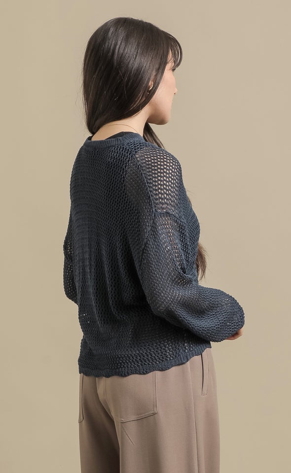 Open Knit Sweater with Scallop Trim Indigo