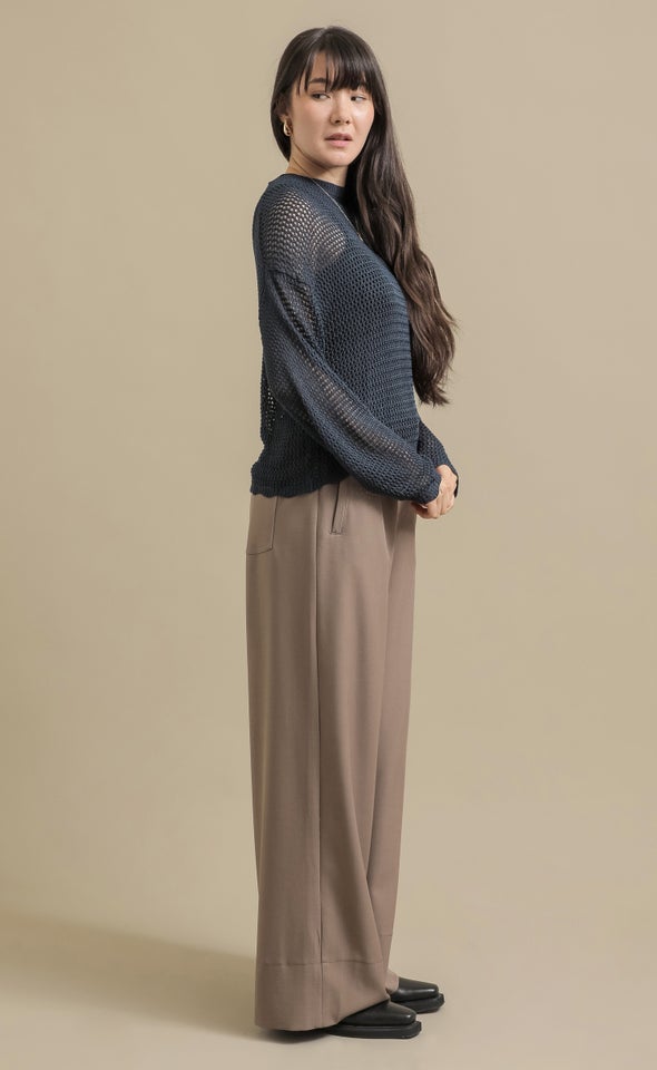 Open Knit Sweater with Scallop Trim Indigo