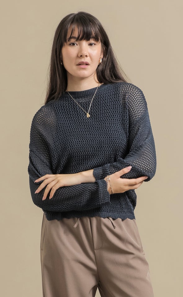 Open Knit Sweater with Scallop Trim Indigo