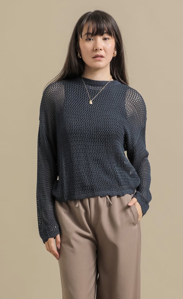 Open Knit Sweater with Scallop Trim Indigo