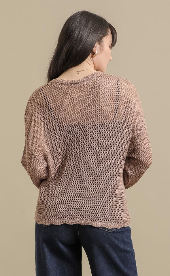 Open Knit Sweater with Scallop Trim Mocha