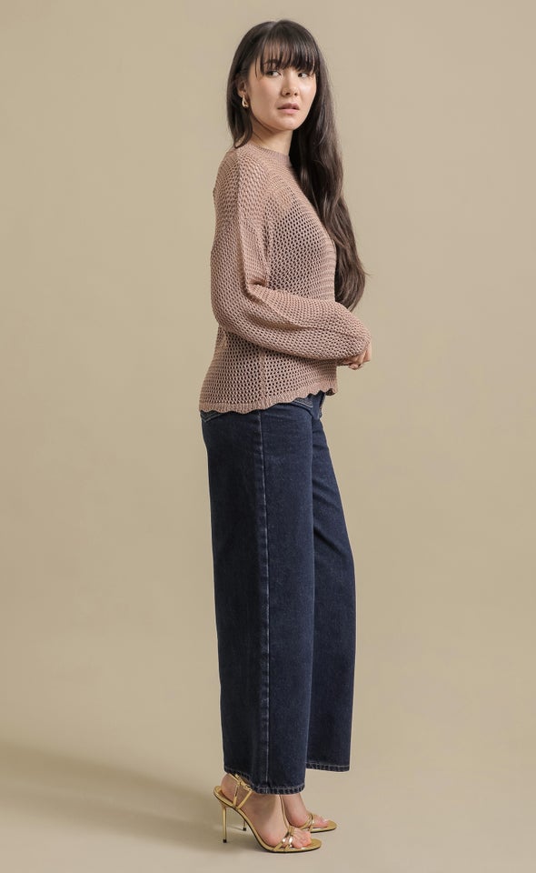 Open Knit Sweater with Scallop Trim Mocha