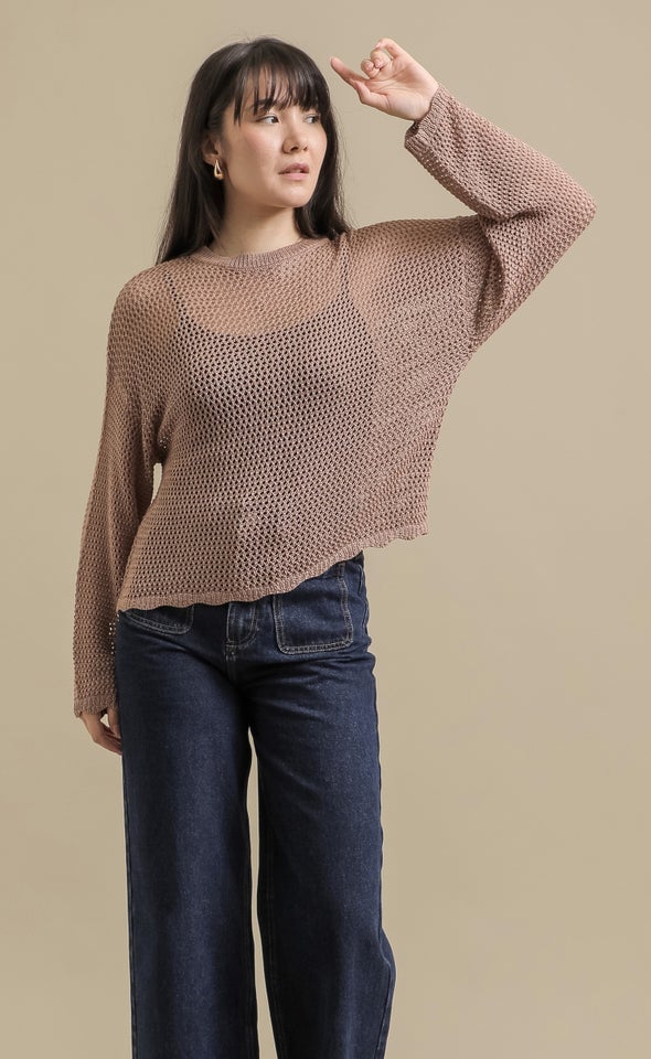 Open Knit Sweater with Scallop Trim Mocha