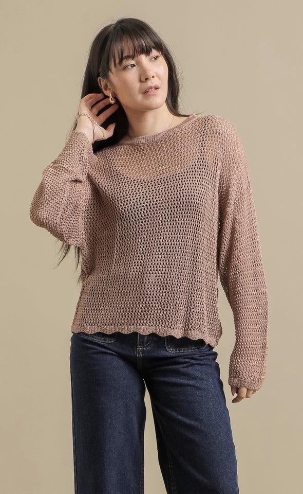 Open Knit Sweater with Scallop Trim Mocha