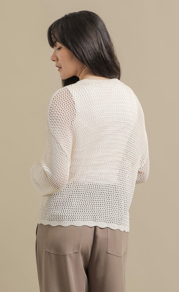 Open Knit Sweater with Scallop Trim Natural