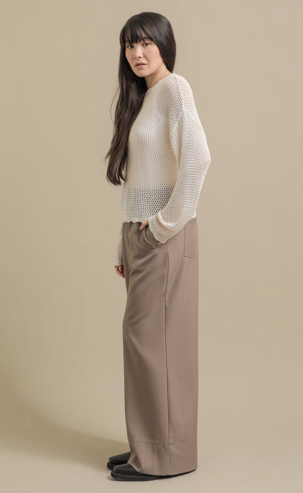 Open Knit Sweater with Scallop Trim Natural