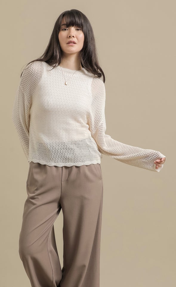 Open Knit Sweater with Scallop Trim Natural